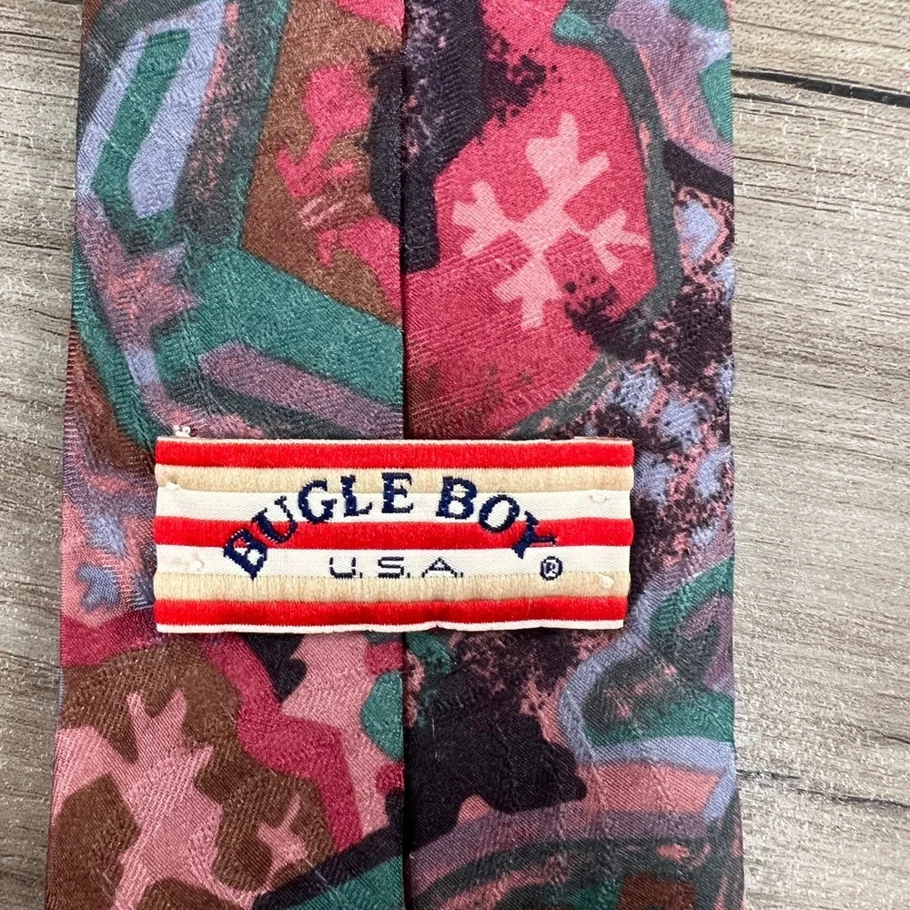 Vintage Bugle Boy USA Mens Abstract Geometric Polyester Necktie Pink Teal 90s